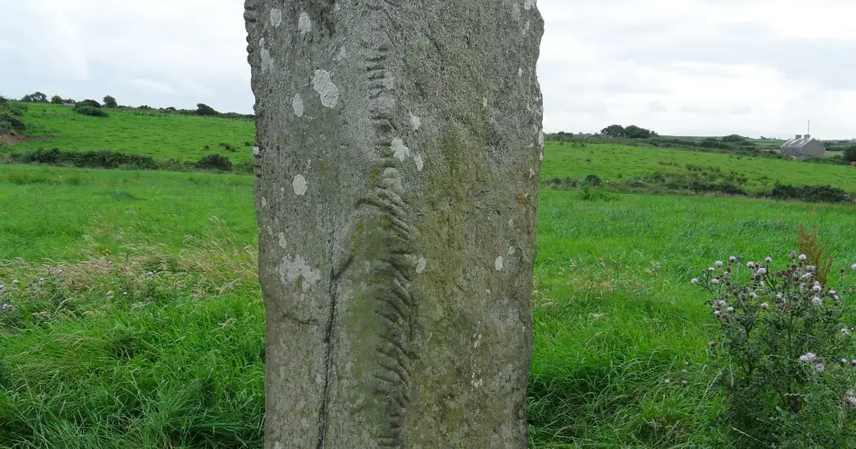 Breastagh Ogham standing stone in a green Irish field, Co. Mayo